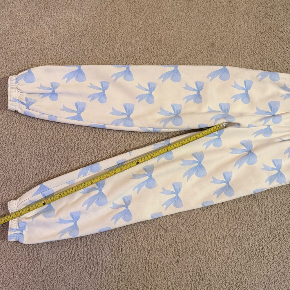 HappyCamp3r Bow Print Joggers Coquette Sweatpants Cream Blue Size Small - Picture 5 of 7